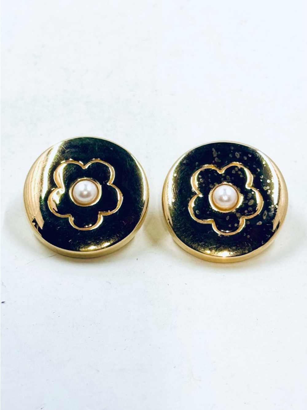 Givenchy Signed Vintage Gold-Tone Clip On Floral Button Earrings Pearl Centers